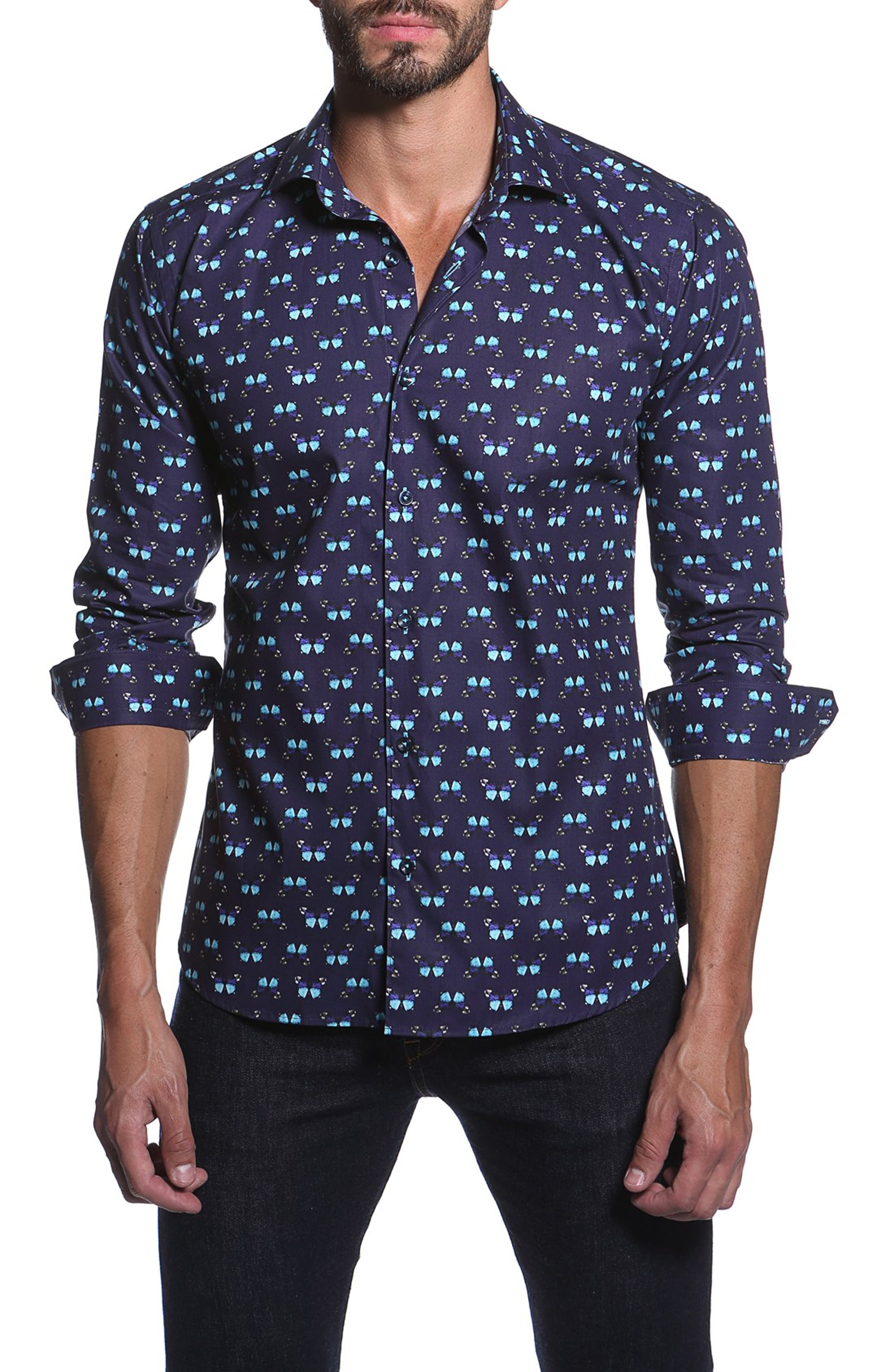 Jared Lang Trim Fit Long Sleeve Butterfly Print Sport Shirt | Nordstrom