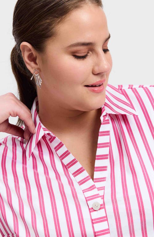 Foxcroft Pamela Stripe Cotton Blend Tunic Shirt In Ruby Pink/white