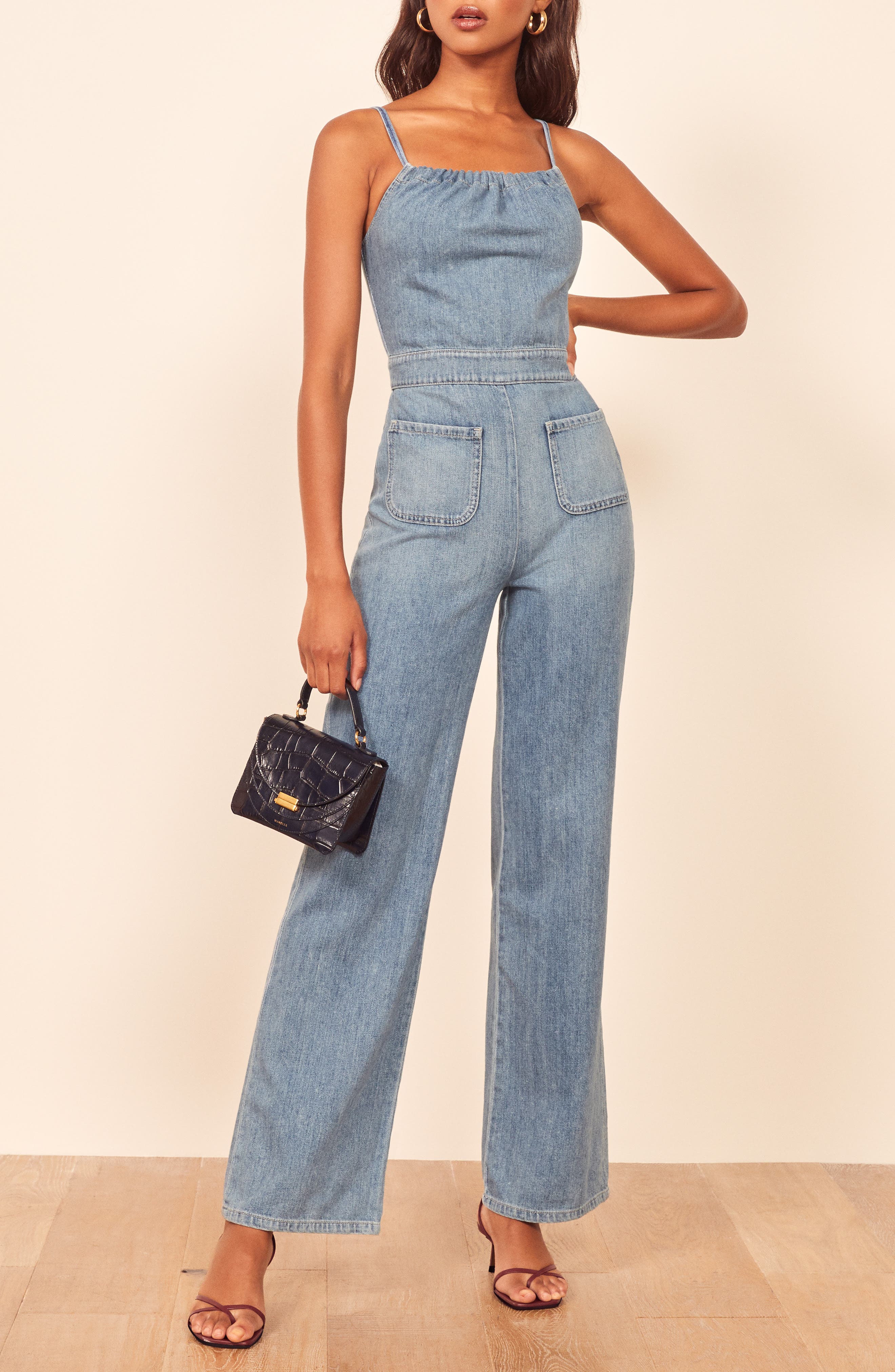 reformation denim jumpsuit