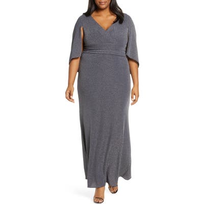 Plus Size Alex Evenings Cape Sleeve Metallic Twill Gown, Grey