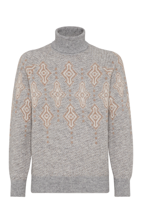 Shop Brunello Cucinelli Geometric Jacquard Turtleneck Sweater In Grey