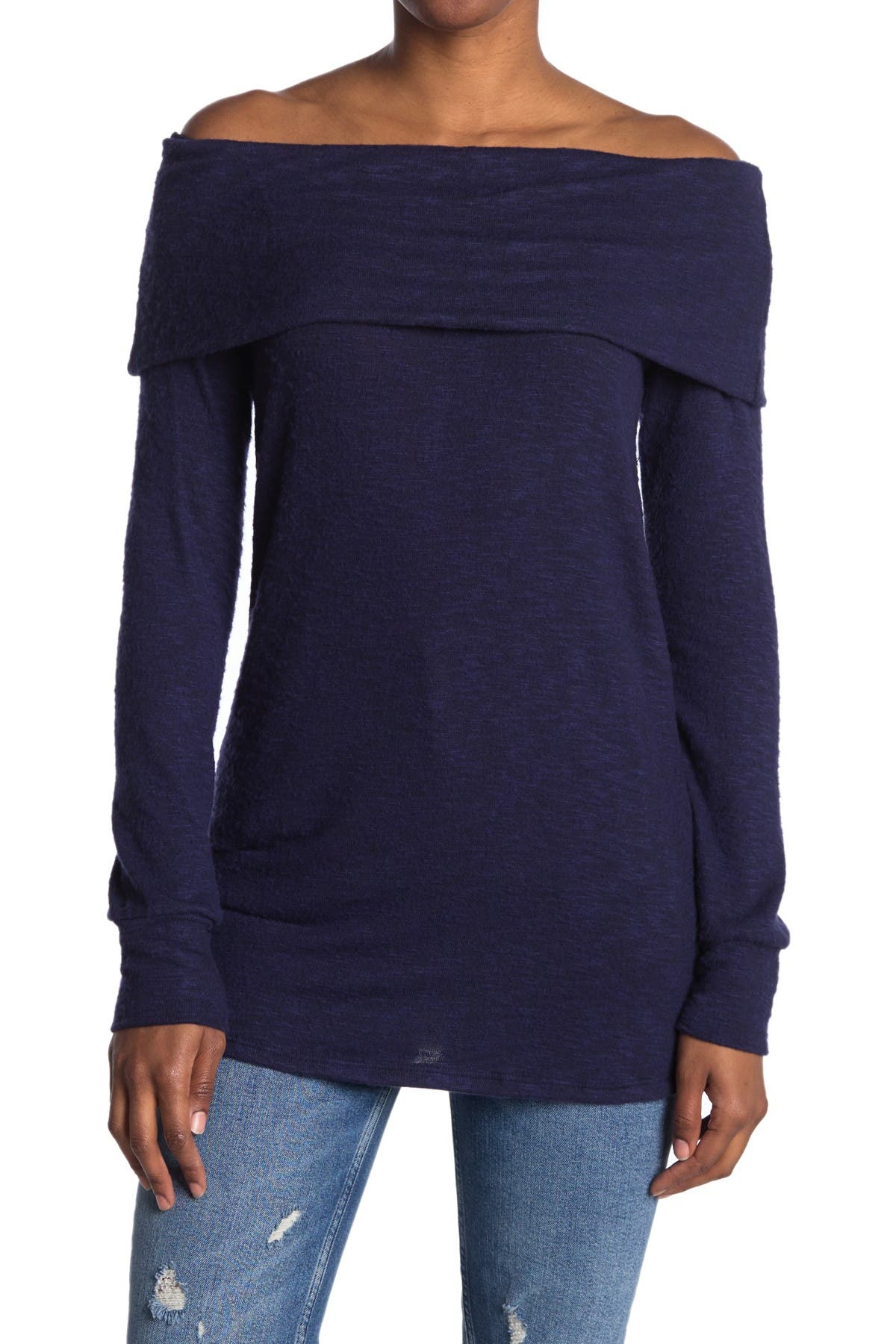 Go Couture Foldover Off-the-shoulder Tunic Sweater In Navy8