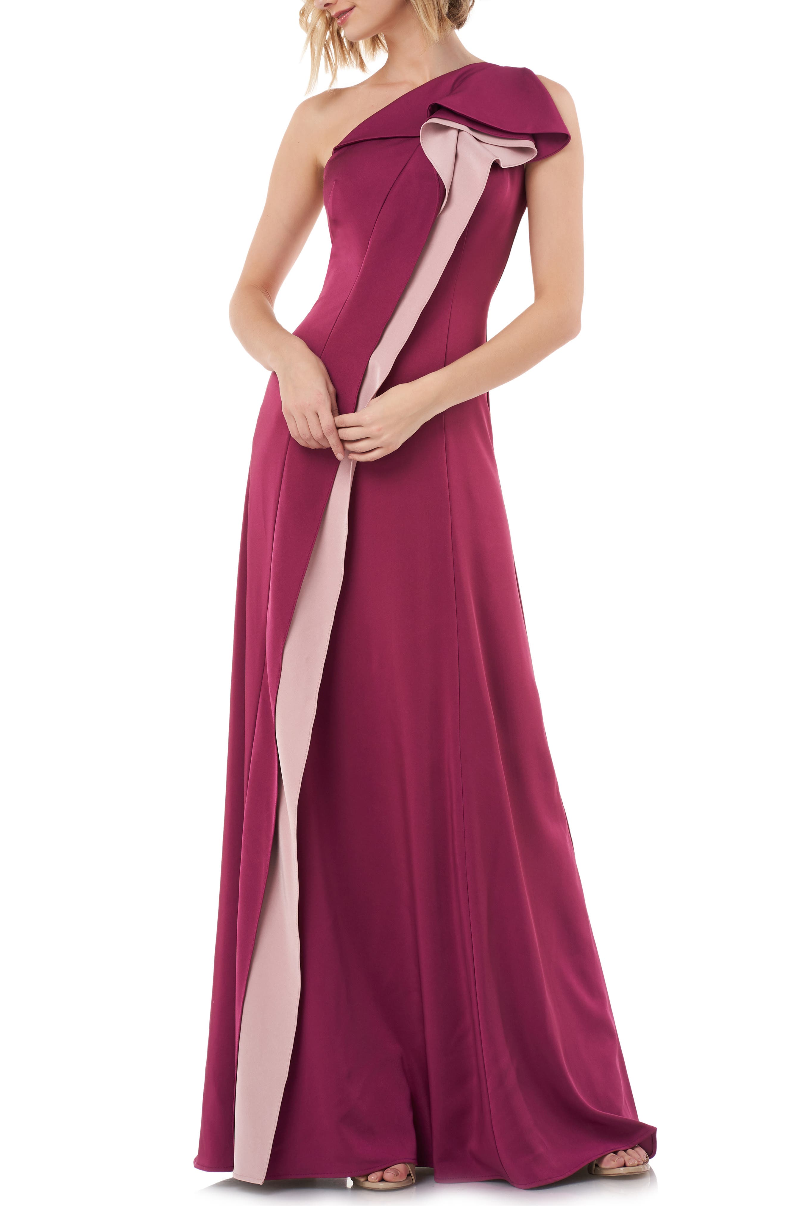 Kay Unger One-Shoulder Contrast Ruffle Faille Gown, Burgundy