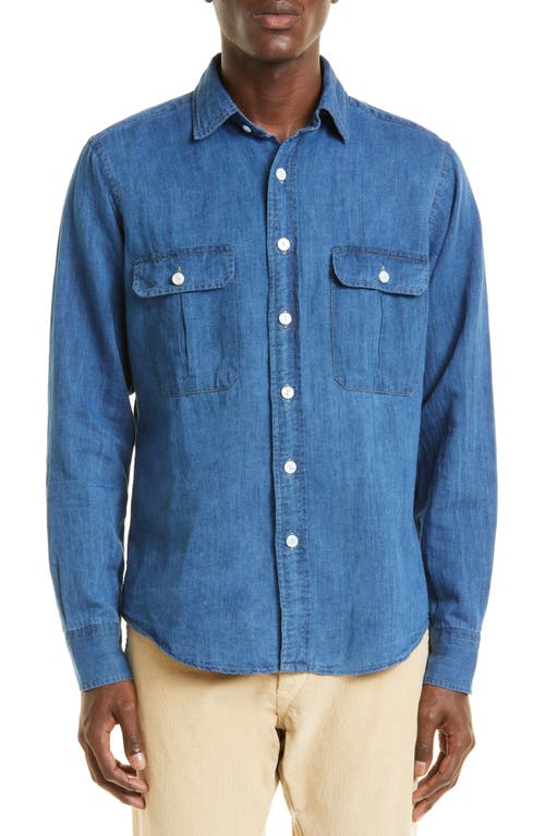 Drake's Men's Cotton & Linen Denim Button-Up Work Shirt in Blue