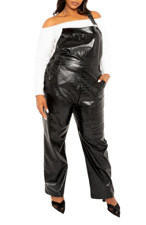 BUXOM COUTURE Croc Embossed Faux Leather Overalls Black at Nordstrom,