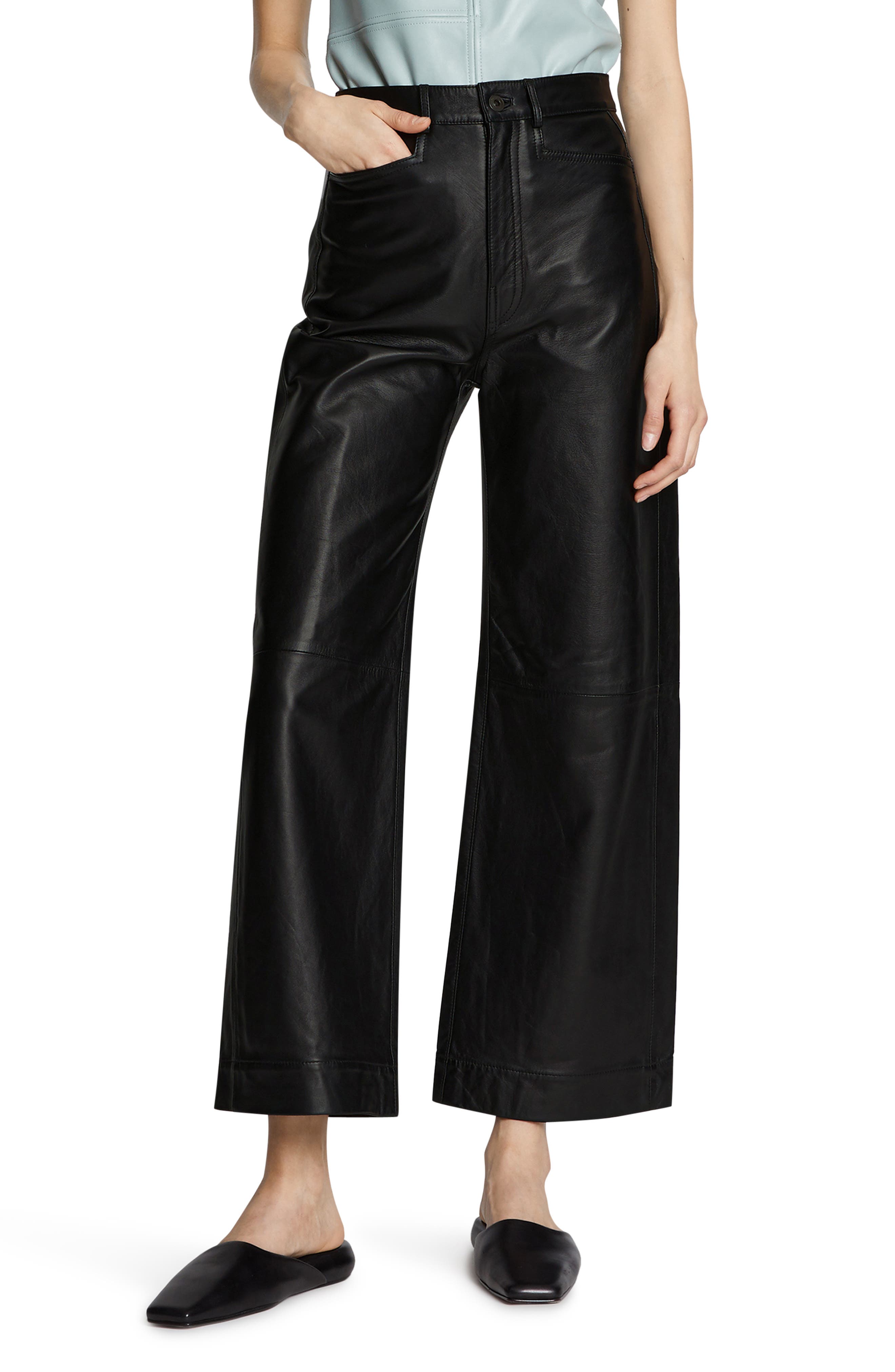 Women Genuine Lambskin Flared Pants Real Leather Flare Trousers Black Bottoms 