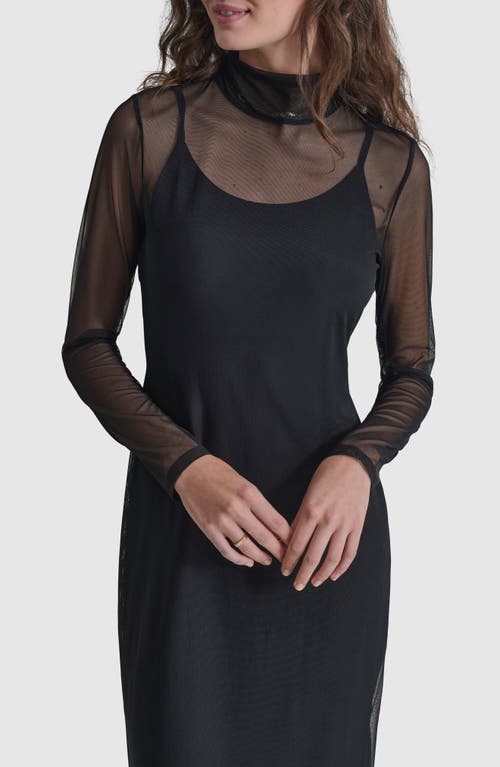 Shop Dkny Mock Neck Long Sleeve Mesh Dress In Black