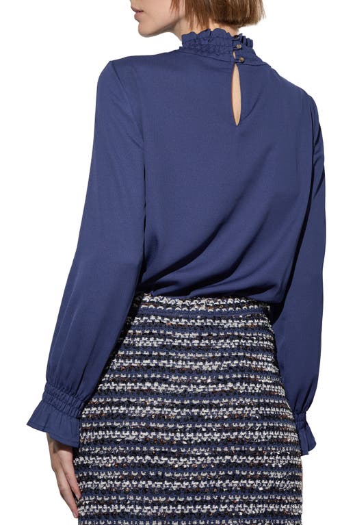 Ming Wang Smocked Trim Crêpe De Chine Charmeuse Top In Regatta