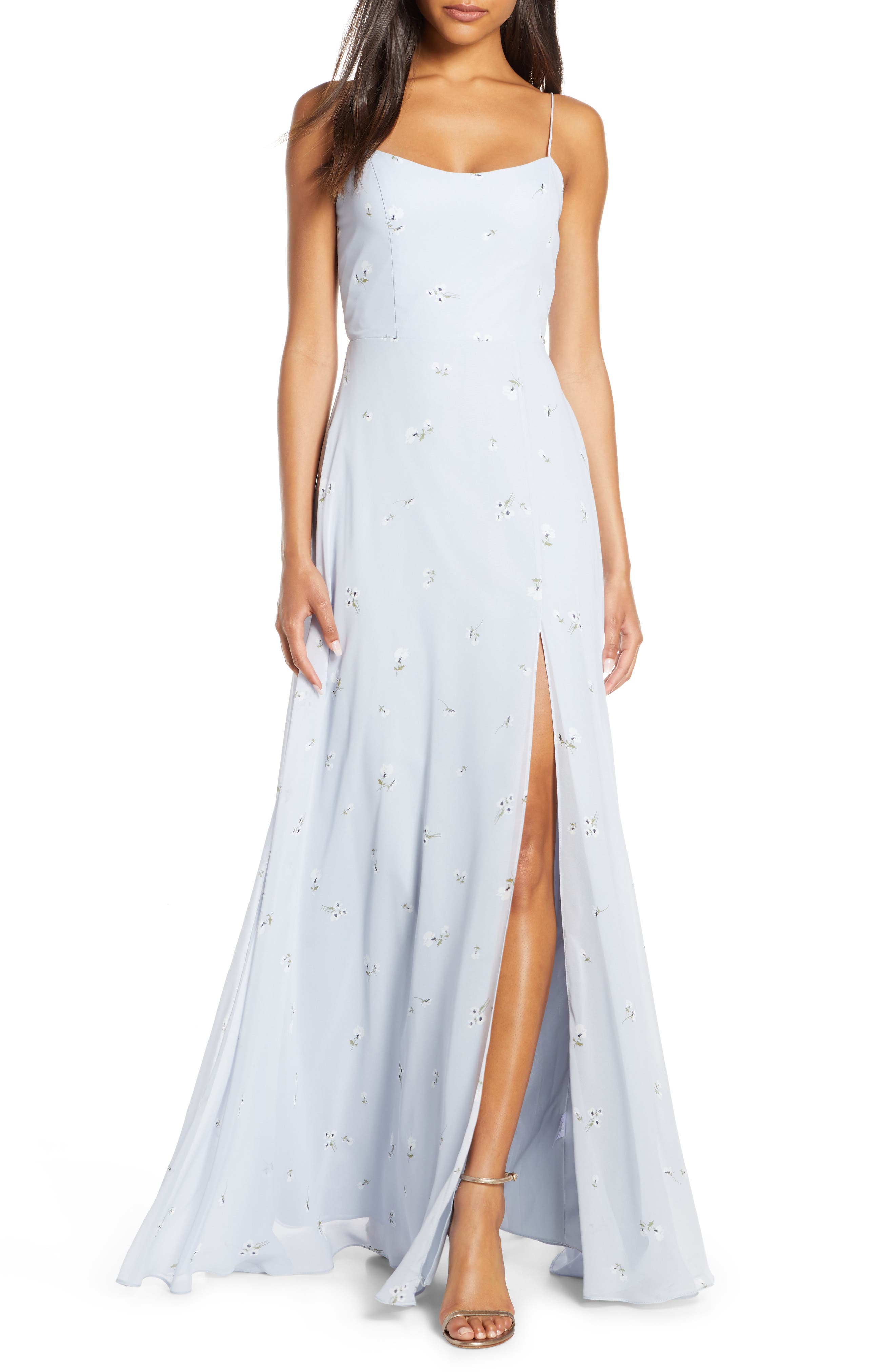 Jenny Yoo Kiara Floral Print Chiffon Evening Gown, Blue