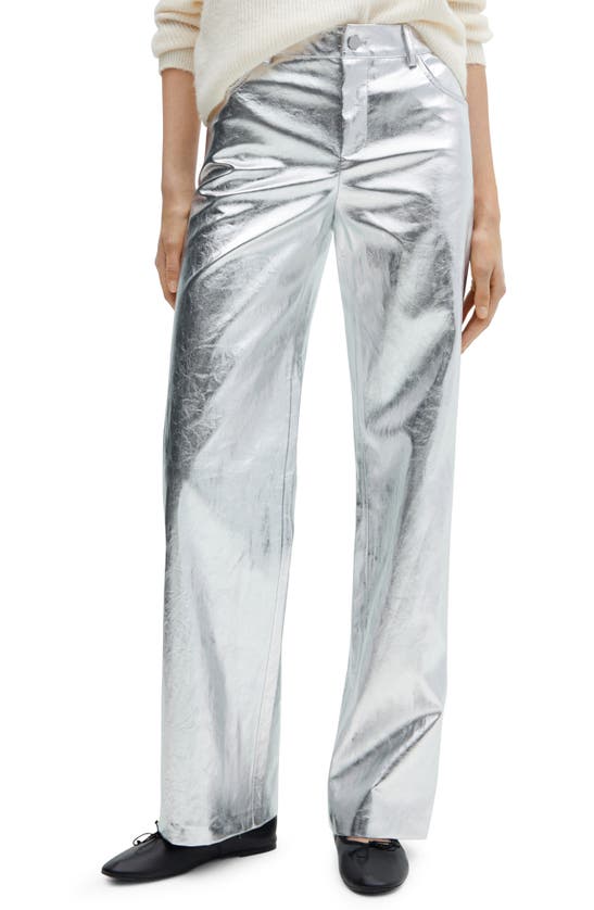 Shop Mango Metalllic Wide Leg Pants In Silver