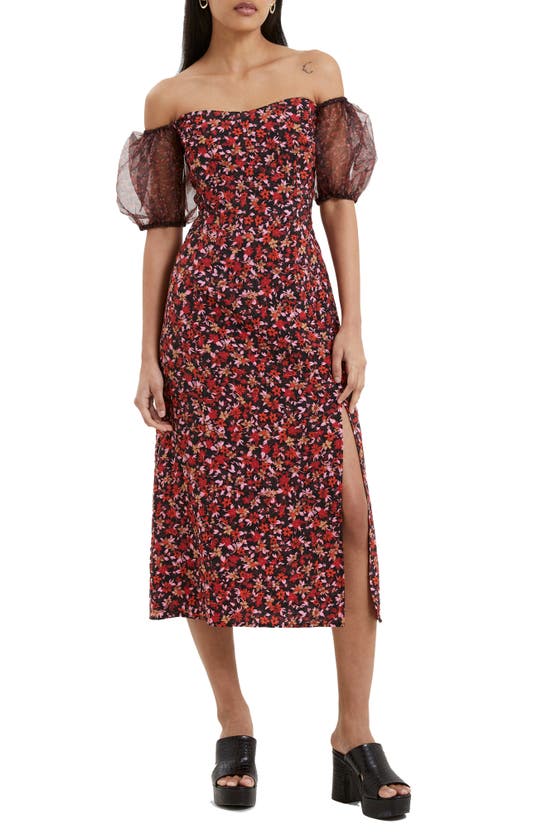 Shop French Connection Clara Floral Off The Shoulder Puff Sleeve Dress In 01-blackout