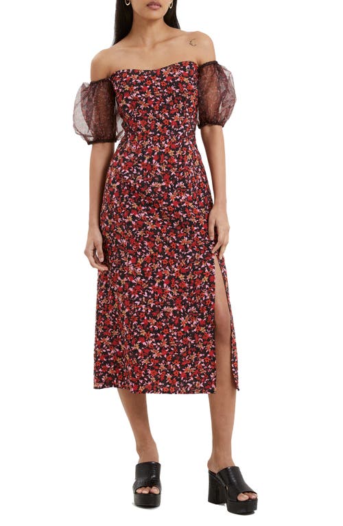 French Connection Clara Floral Off the Shoulder Puff Sleeve Dress in 01-Blackout at Nordstrom, Size 4
