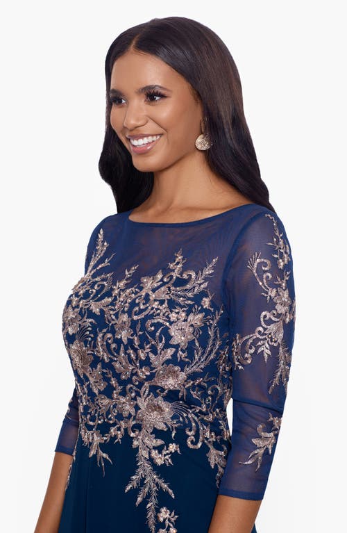 Betsy & Adam Petite Floral-embroidered Mesh Gown In Navy/rose