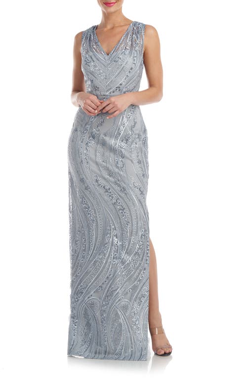 JS Collections Rosalynn Embroidered Floral V-Neck Column Gown in Silver