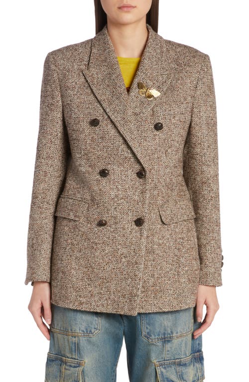 Shop Golden Goose Journey Herringbone Double Breasted Virgin Wool Blend Blazer In Beige/brown/bluette