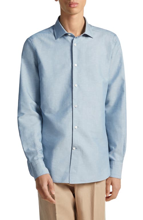 ZEGNA Crossover Cotton, Linen & Silk Button-Up Shirt in Light Blue 