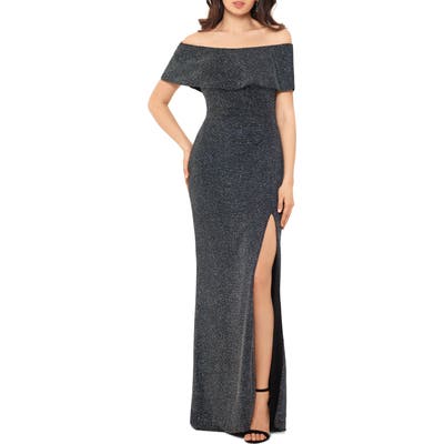Xscape Off The Shoulder Glitter Knit Column Gown, Black