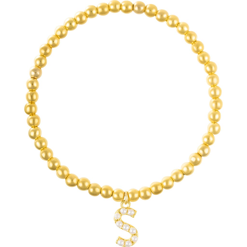 Adornia Gold Stretch Bead Imitation Pearl Letter Bracelet In Gold White-s