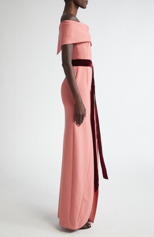 Shop Oscar De La Renta Asymmetric Belted Off The Shoulder Virgin Wool Blend Gown In Rouge