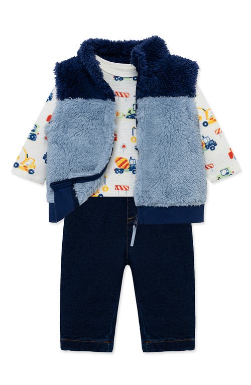 Little Me Trucks Long Sleeve Bodysuit, High Pile Fleece Vest & Jeans Set In Blue