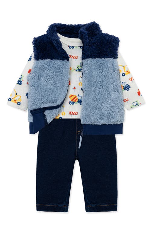 LITTLE ME LITTLE ME TRUCKS LONG SLEEVE BODYSUIT, HIGH PILE FLEECE VEST & JEANS SET 