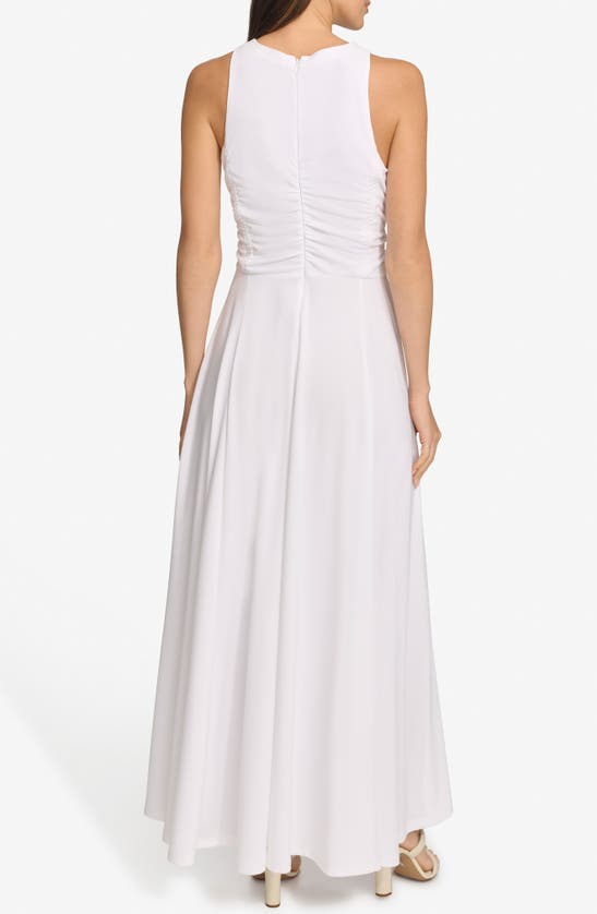 Shop Dkny Ruched Mesh Trim Sleeveless Maxi Dress In White