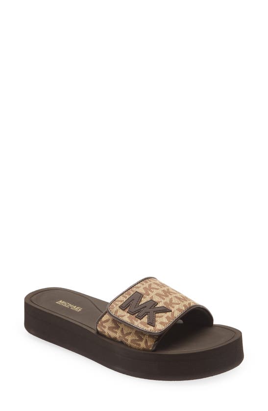 Michael Michael Kors Monogram Logo Platfom Sliders In Beige/ Ebony ...