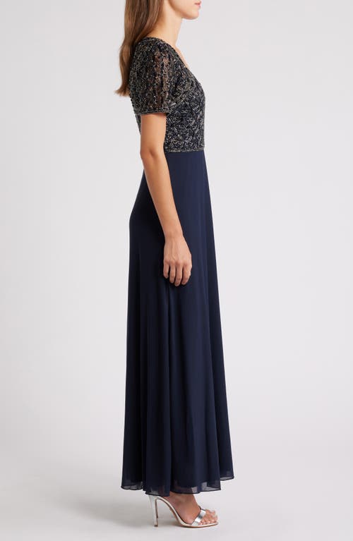 Shop Pisarro Nights Beaded Bodice Chiffon Gown In Navy