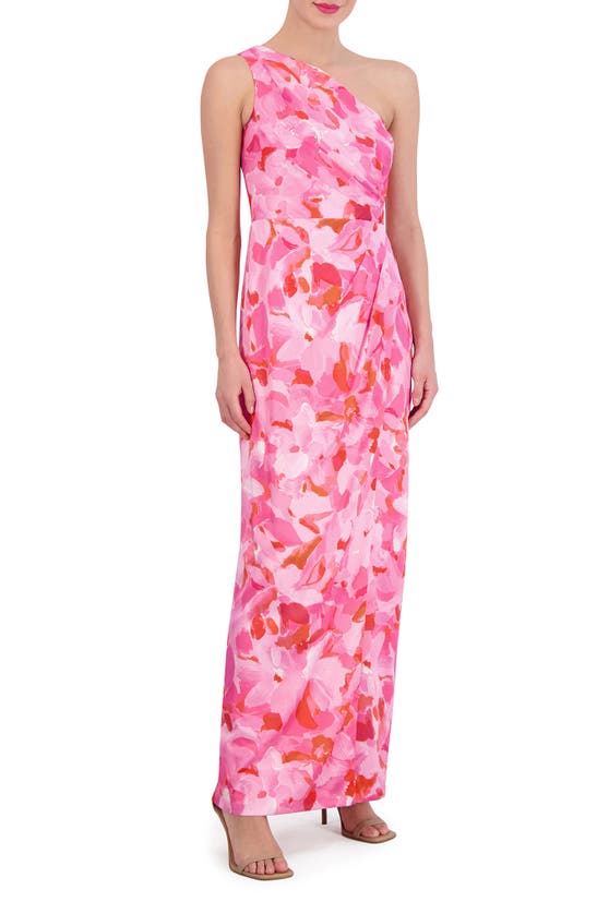 Shop Vince Camuto Floral One-shoulder Satin Sheath Gown In Bright Fuschia