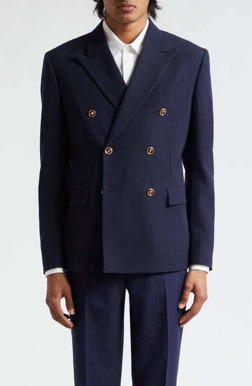 Double Breasted Wool Grain de Poudre Sport Coat in Navy Blue