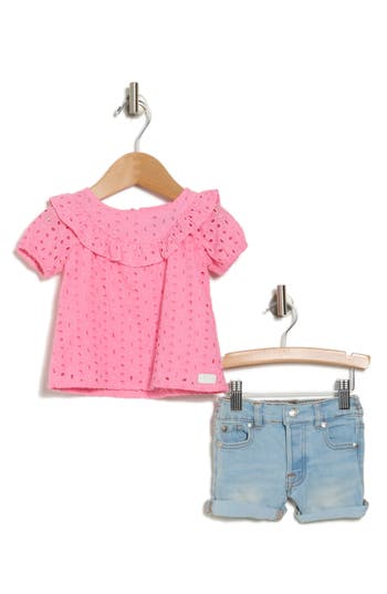 7 For All Mankind Eyelet Top & Denim Shorts Set In Pink