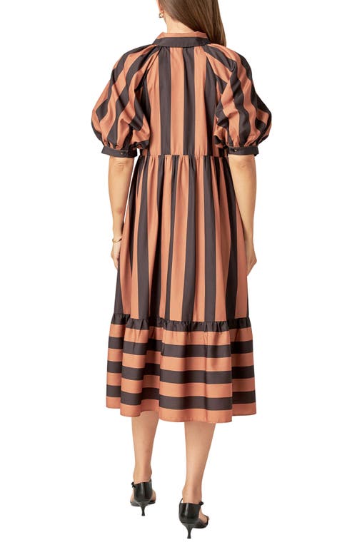 Shop English Factory Bold Stripe Puff Elbow Sleeve Shirtdress In Camel/black