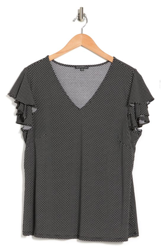 Adrianna Papell V-neck Double Flutter Top In Black Ivory Small Dot