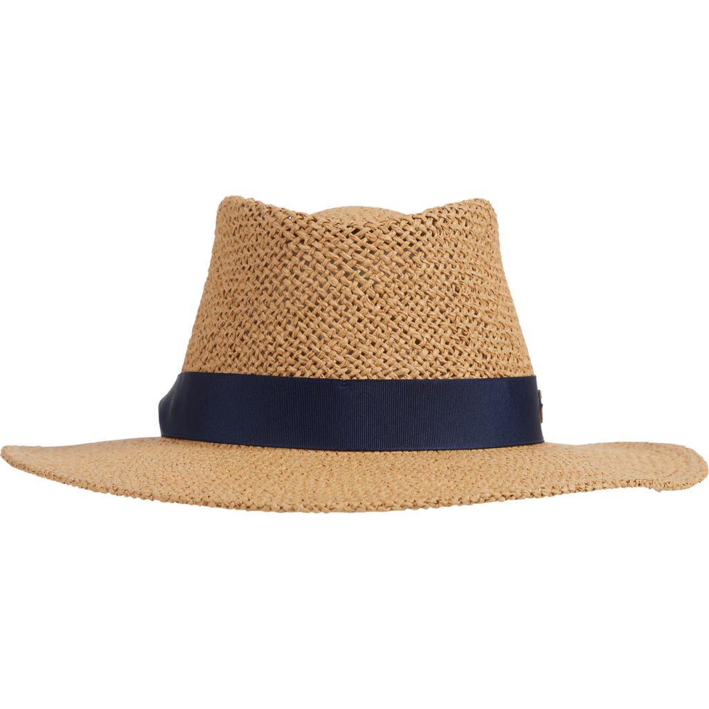 Bruno Magli Open Straw Weave Ribbon Band Fedora Sun Hat In Brown