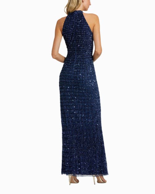 Mac Duggal Embellished Halter Neck Keyhole Gown In Midnight