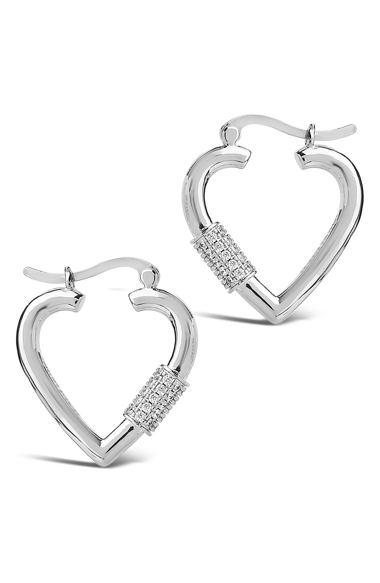 Sterling Forever Rhodium Plated Cz Heart Carabiner Hoops In Silver
