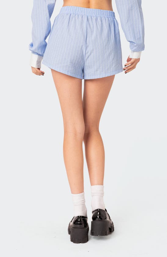 Shop Edikted Lea Pinstripe Cotton Blend Boxer Shorts In Light-blue
