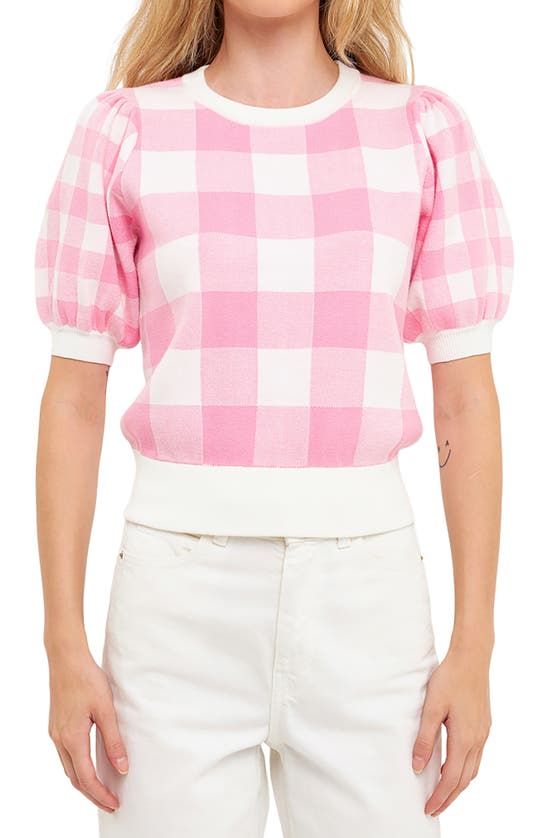 English Factory Gingham Puff Sleeve Sweater In Pink