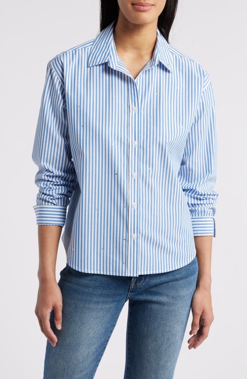 BEACHLUNCHLOUNGE BEACHLUNCHLOUNGE IRENE RHINESTONE STRIPE COTTON BLEND BUTTON-UP SHIRT