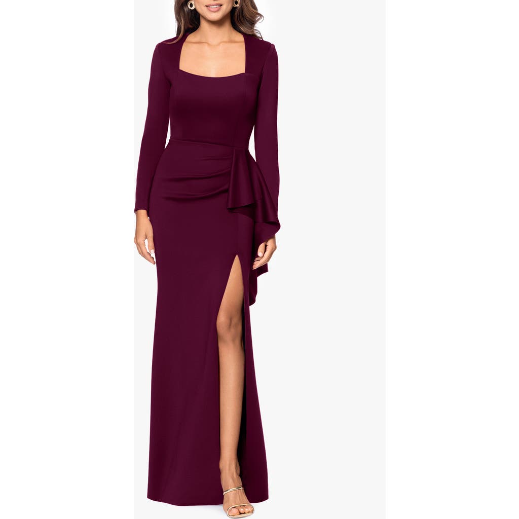 Xscape Evenings Side Ruffle Long Sleeve Scuba Gown In Wine