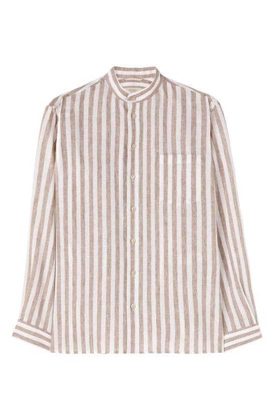 Agnona Stripe Mandarin Collar Linen Button-up Shirt In White,brown