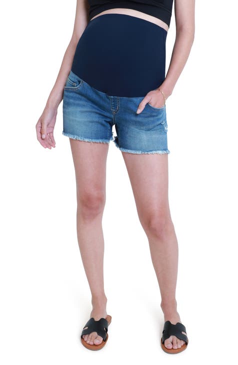 V VOCNI Maternity Denim Shorts High Waist Cotton Elastic Belly