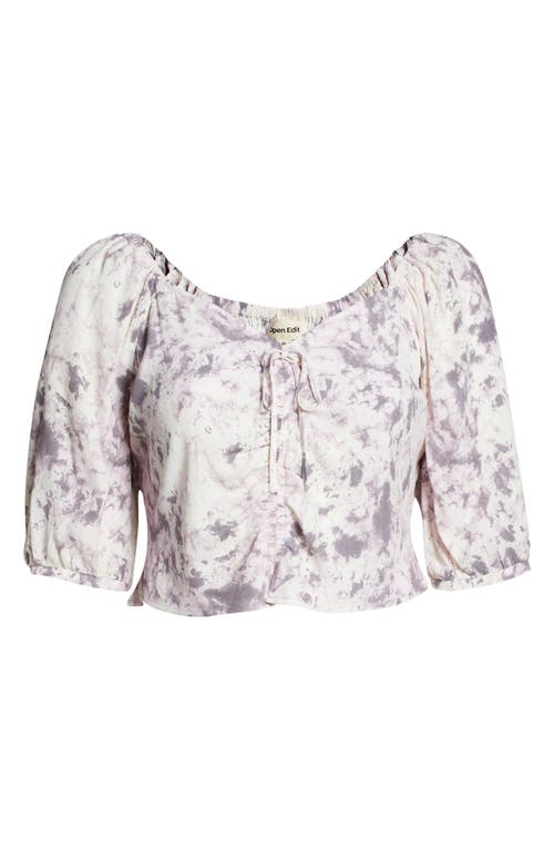 Open Edit Tie Front Puff Sleeve Blouse In Ivory- Grey Q Campy Dye
