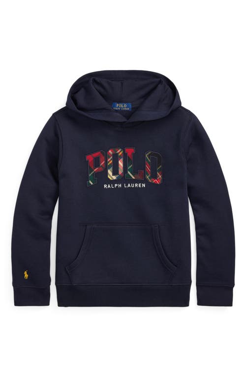 Ralph Lauren Kids' Plaid Appliqué Logo Graphic Hoodie in Navy 