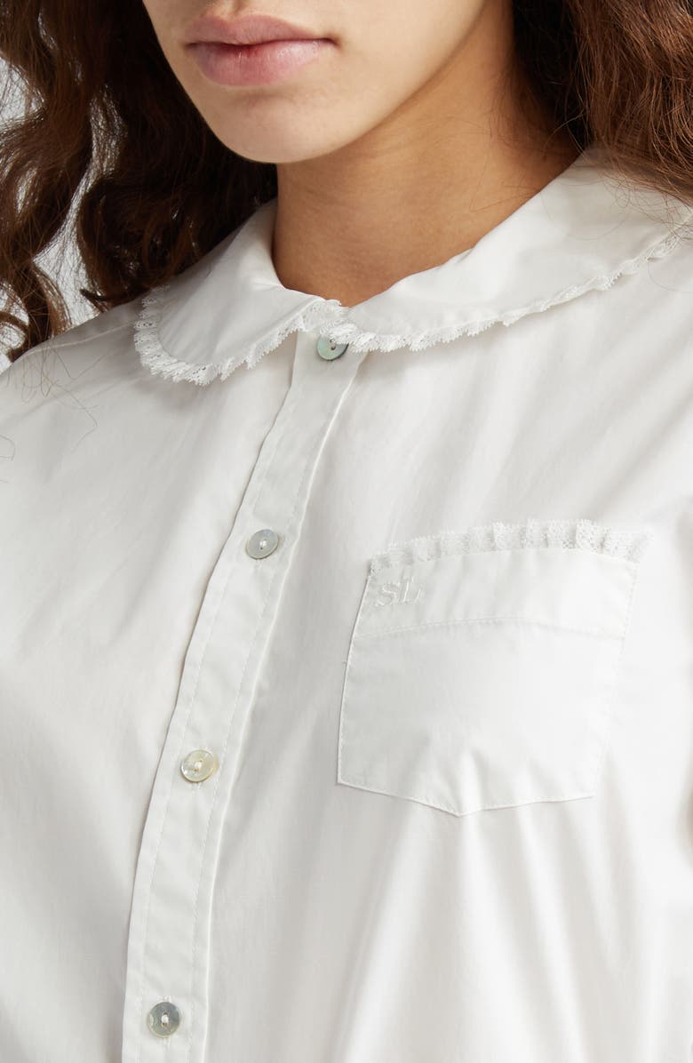 Sandy Liang Wembley Lace Trim Cotton Poplin Button-Up Shirt, Alternate, color, White