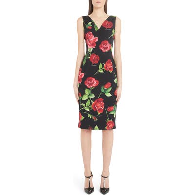 Dolce & gabbana Rose Print Stretch Silk Sheath Dress, 8 IT - Black