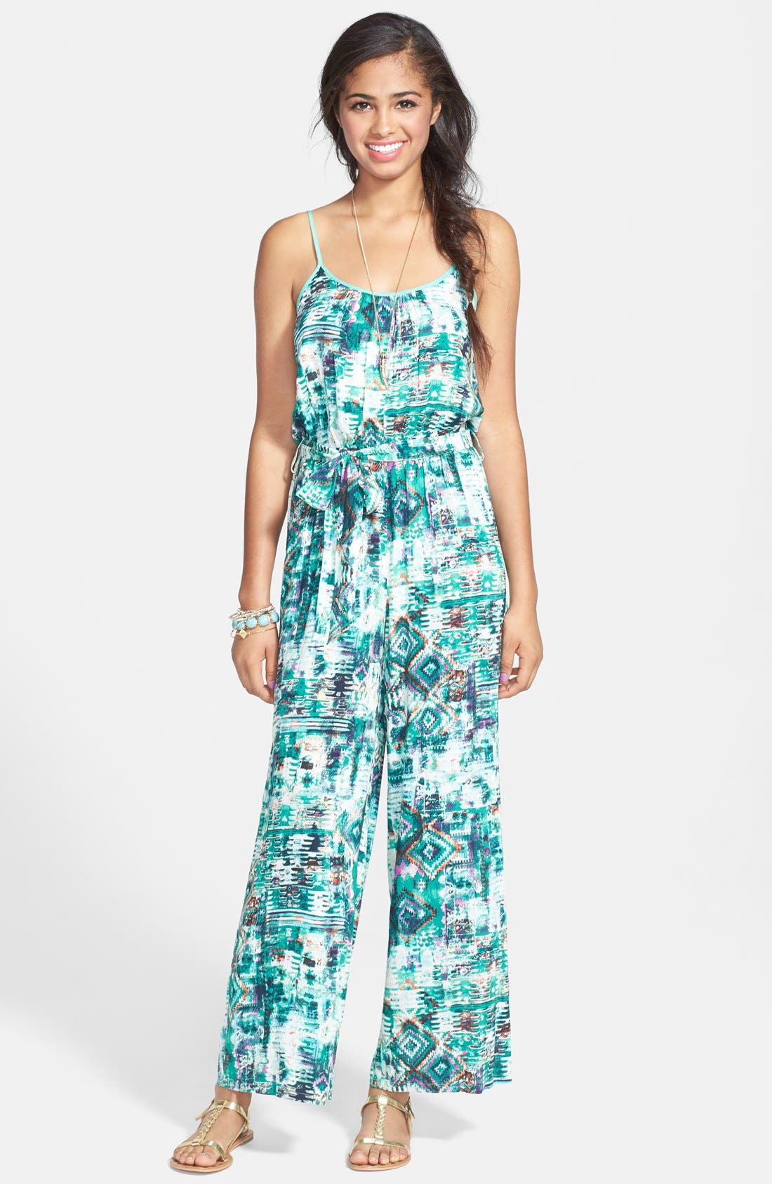En Crème Print Tie Waist Open Back Jumpsuit (Juniors) Nordstrom