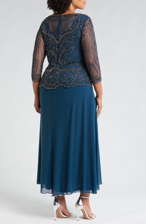 Pisarro Nights Beaded Mesh Mock Two-piece Gown In Sapphire