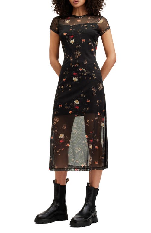 AllSaints Hanna Kora Floral Print Midi Dress Black at Nordstrom, Us