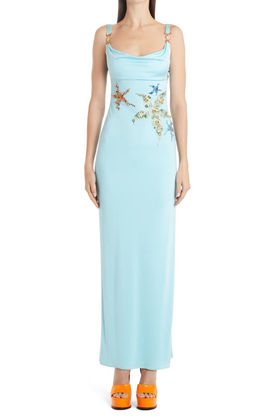 Versace Tresor De La Mer Crystal Embellished Maxi Dress In Light Blue Modesens